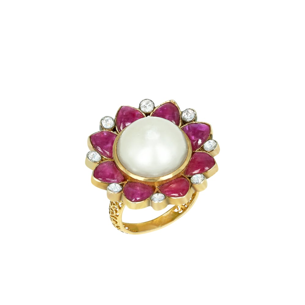 Pearl Ring with Ruby Halo and Diamond Accents